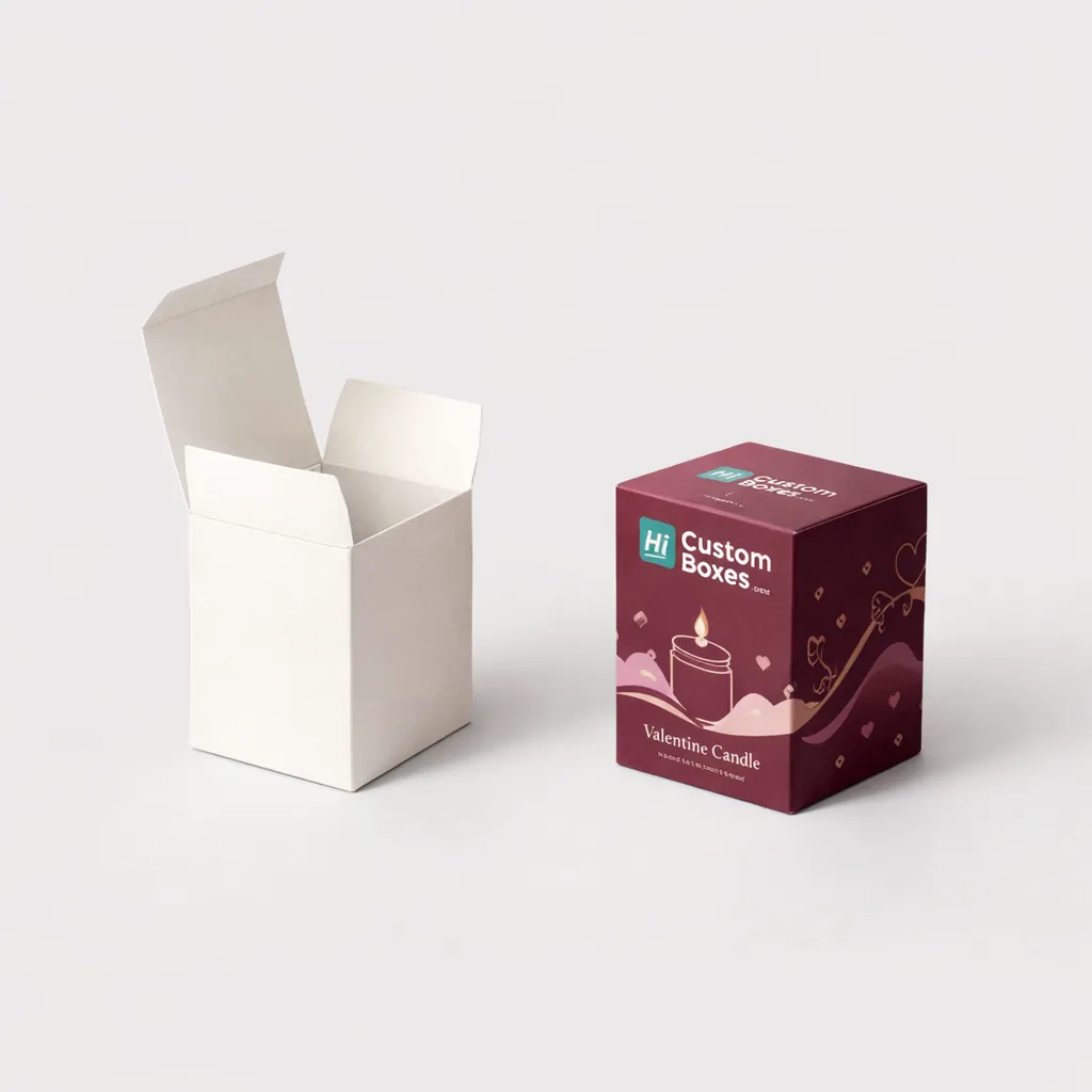 Two small tuck-top candle boxes, one minimalist white and one burgundy with a heart candle motif. class=